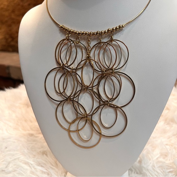 Bohemian BoHo Disco Dressy Gold Tone Chain Link Circle Loop Bib Choker Necklace - Picture 7 of 14